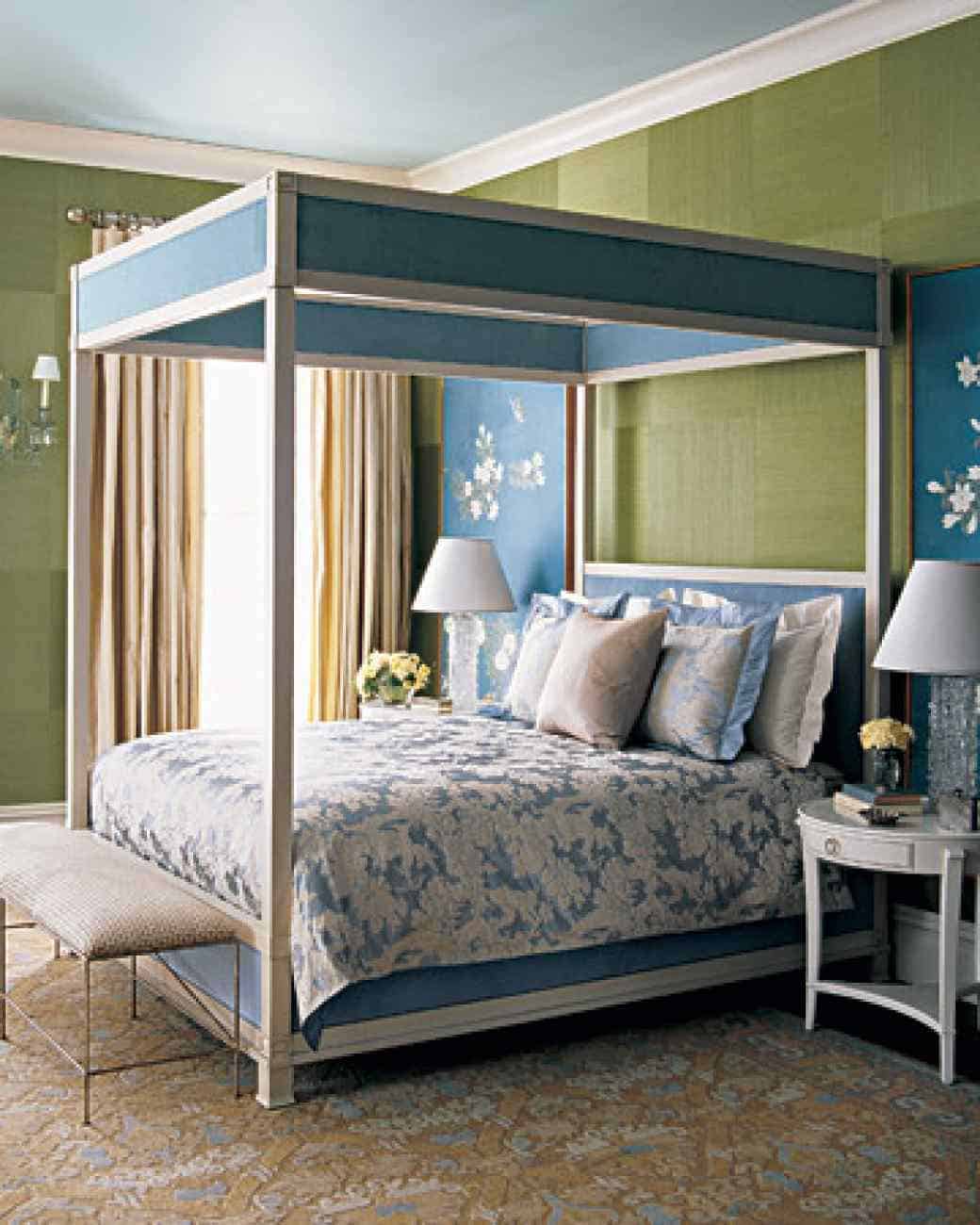 Blue And Green Pattern Drenched Bedroom