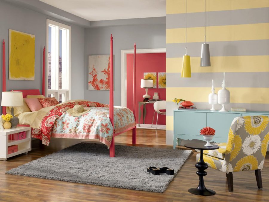 gray yellow and coral room