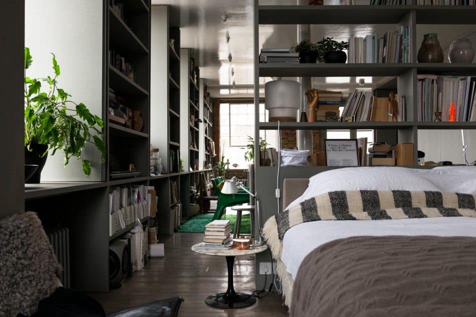 Bedroom with beautiful library - warehouse conversion