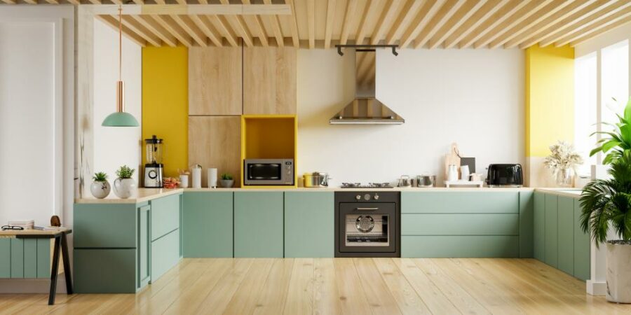 Light Wood and Green Kitchen Cabinets