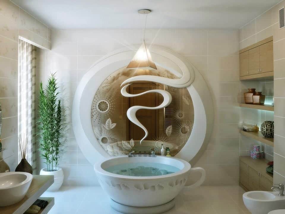 Master bathroom with a coffee cup bathtub