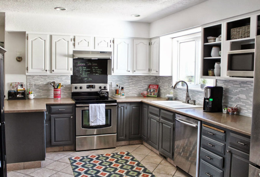 kitchen grey wall two tone cabinet