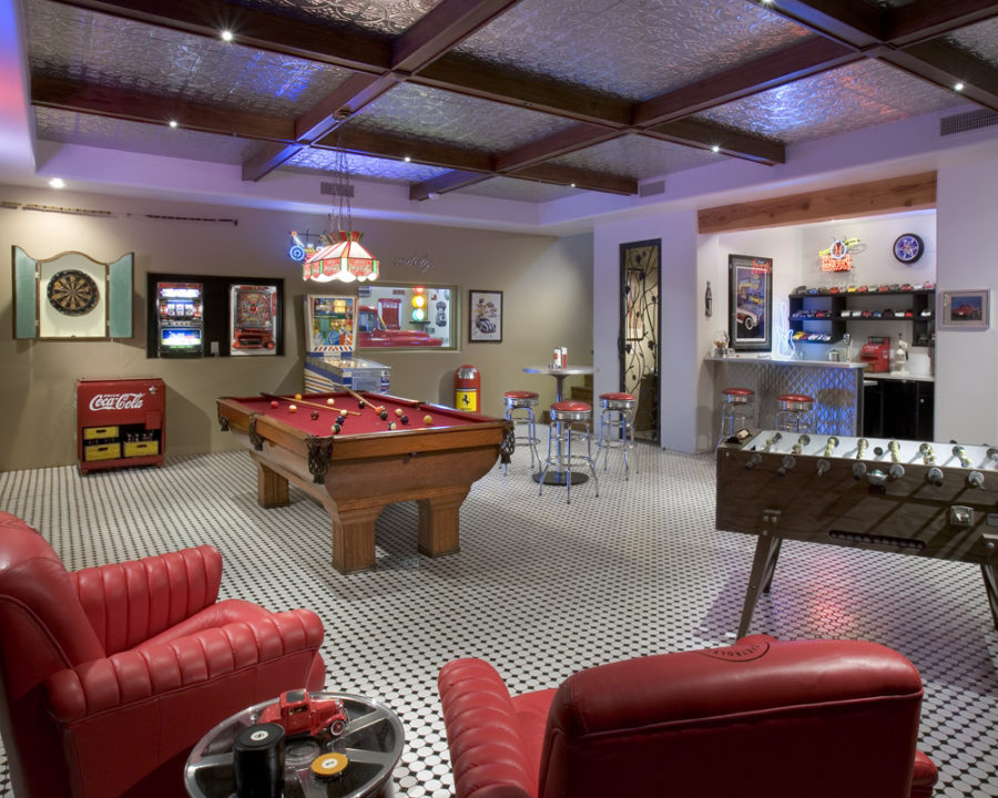 Basement game room by Shiloh Home Builders