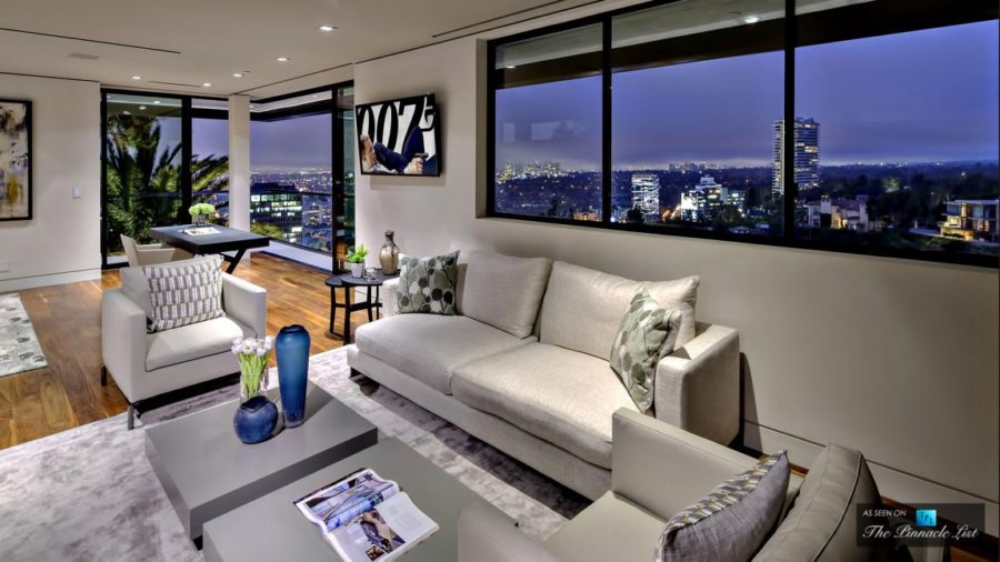 Contemporary seating area with views of the star-studded neighborhood