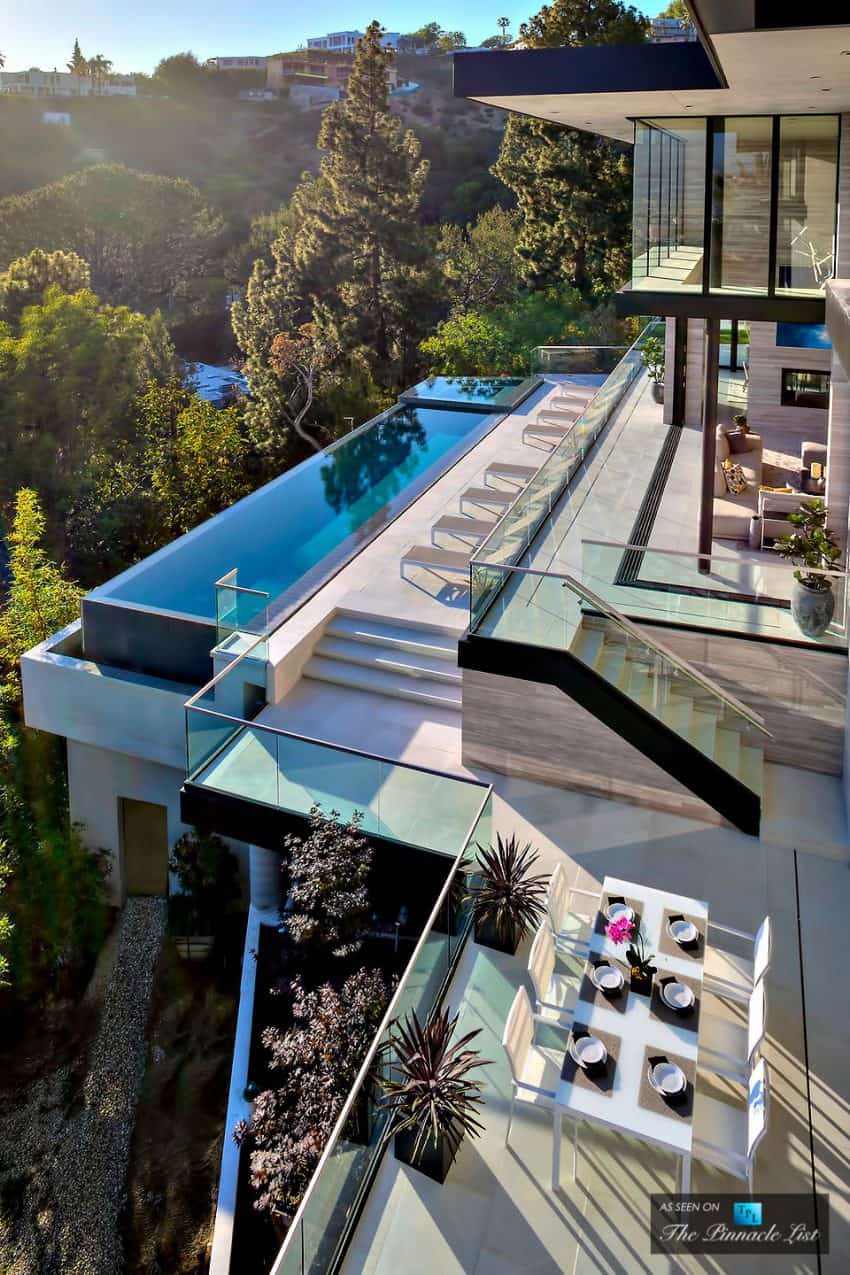 Outdoor dining area overlooks the green landscapes of West Hollywood