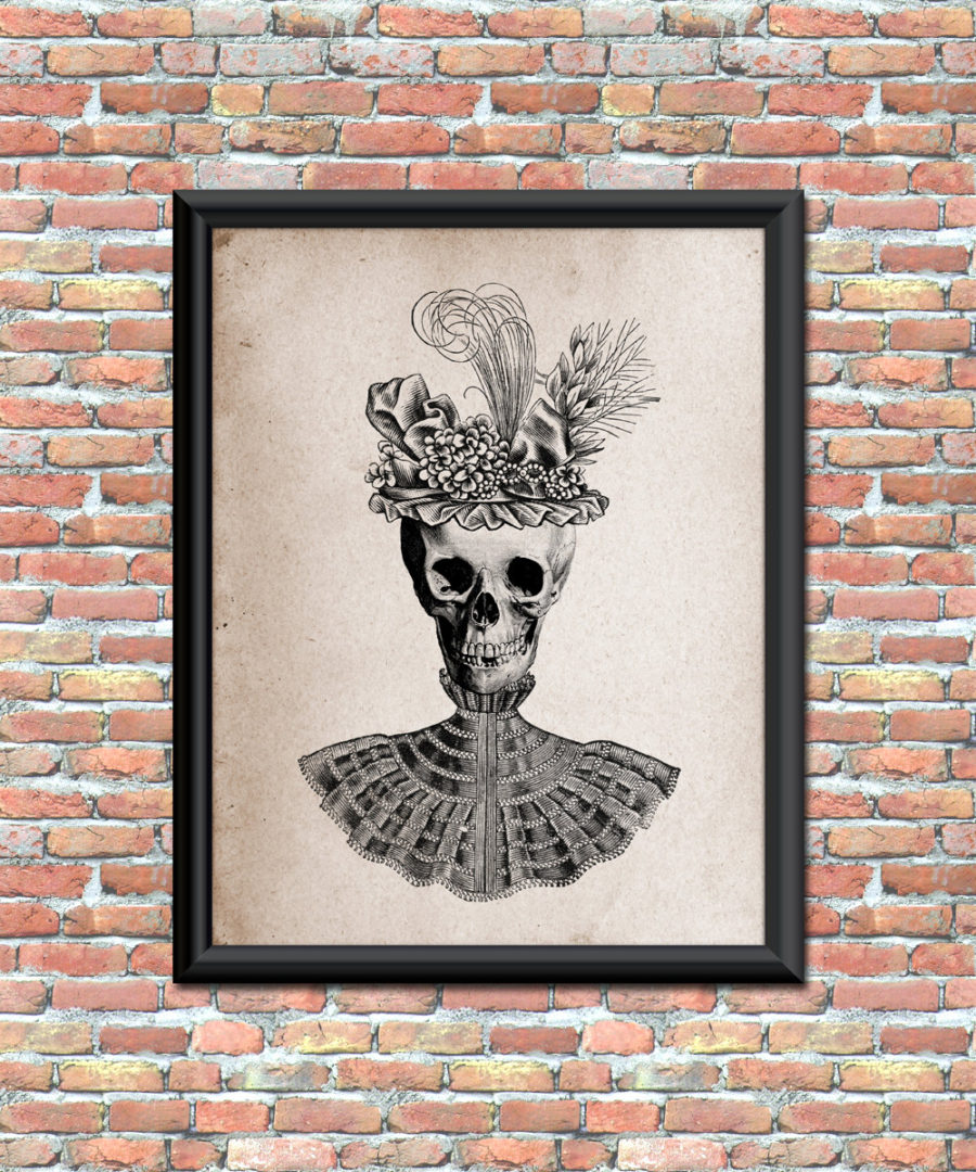 Antique Style Skull in Fancy Hat and Dress Halloween Art Print for Home 900x1080 Contemporary Halloween Art for Tasteful Holiday Decor