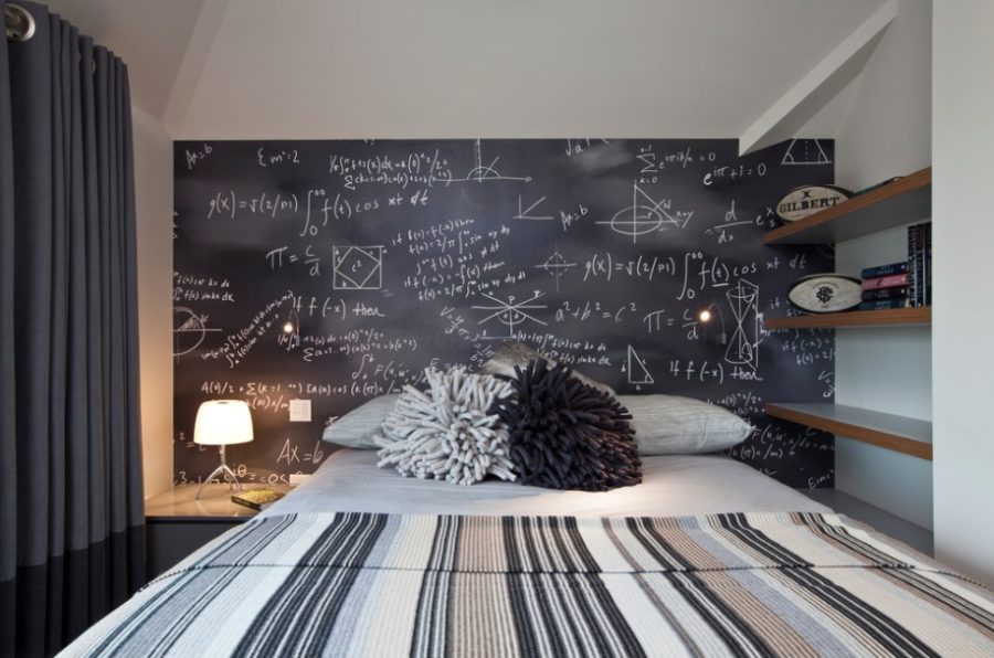 Chalkboard headboard for a dorm room bed