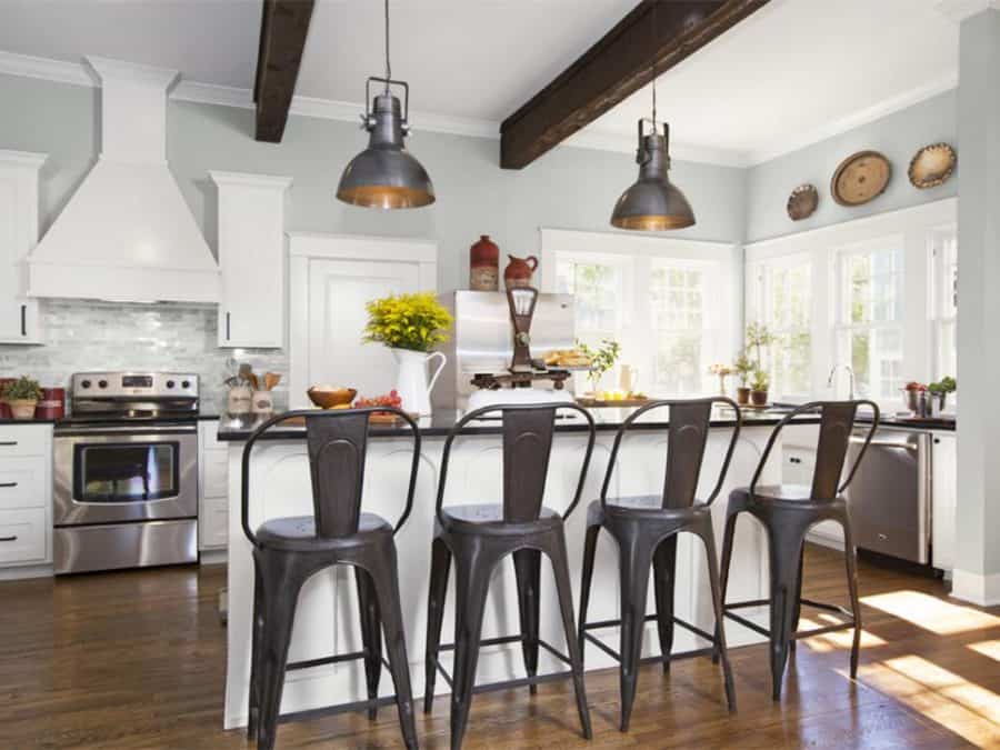 Farmhouse kitchen style with metallic bar chairs