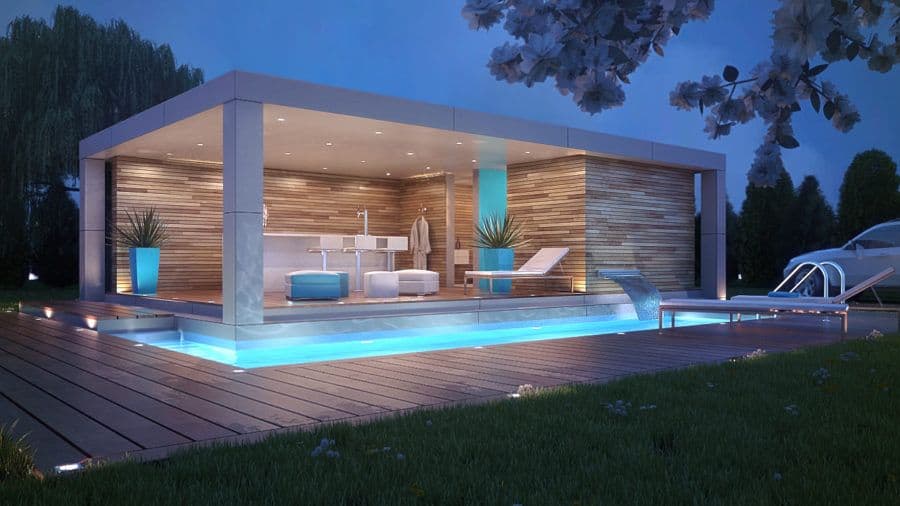 Luxury pool with led lights on night