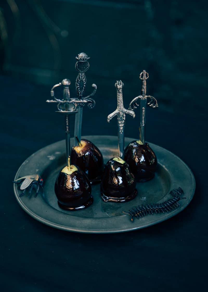 Tar-dipped pears on a centipede plate
