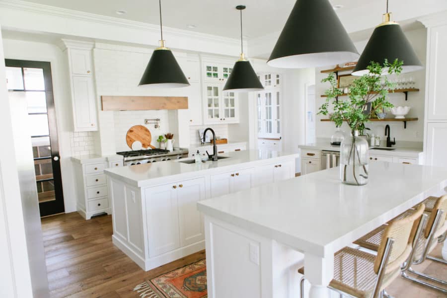 White charming farm kitchen with two islands