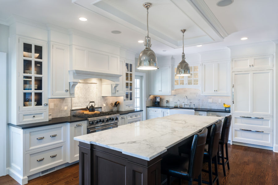 exquisite-design-kitchen-countertop-ideas-black-kitchen-island-with-white-marble-top-white-wooden-kitchen-cabinets-with-black-marble-top-tall-cabinets-with-glass-door-brown-wooden-floor-granite-or-mar