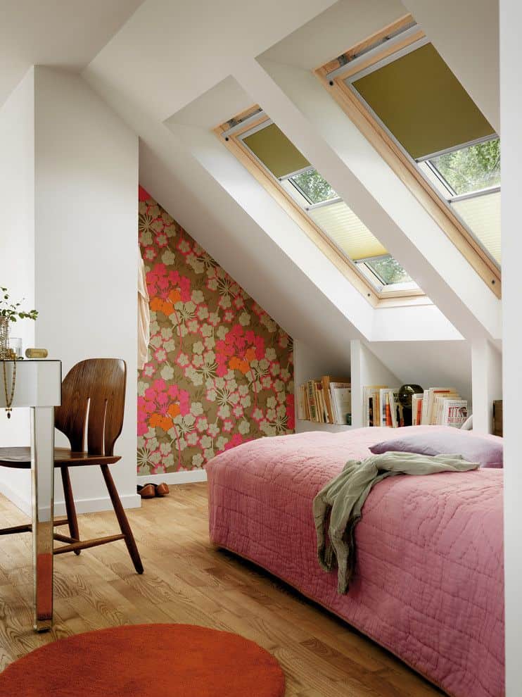 Contemporary bedroom with skylight windows