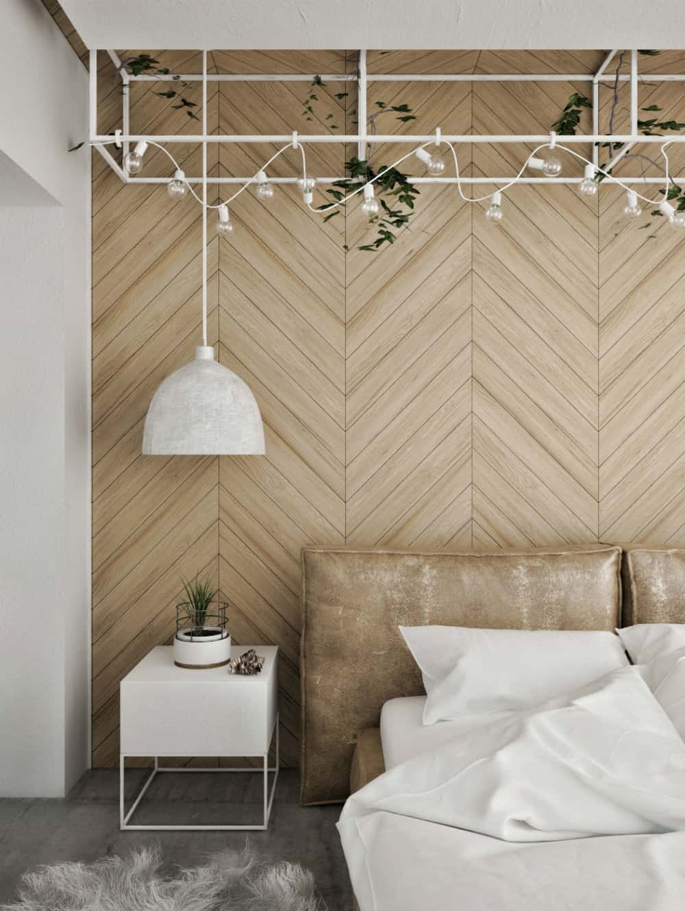 Headboard wall features wooden chevron panelling