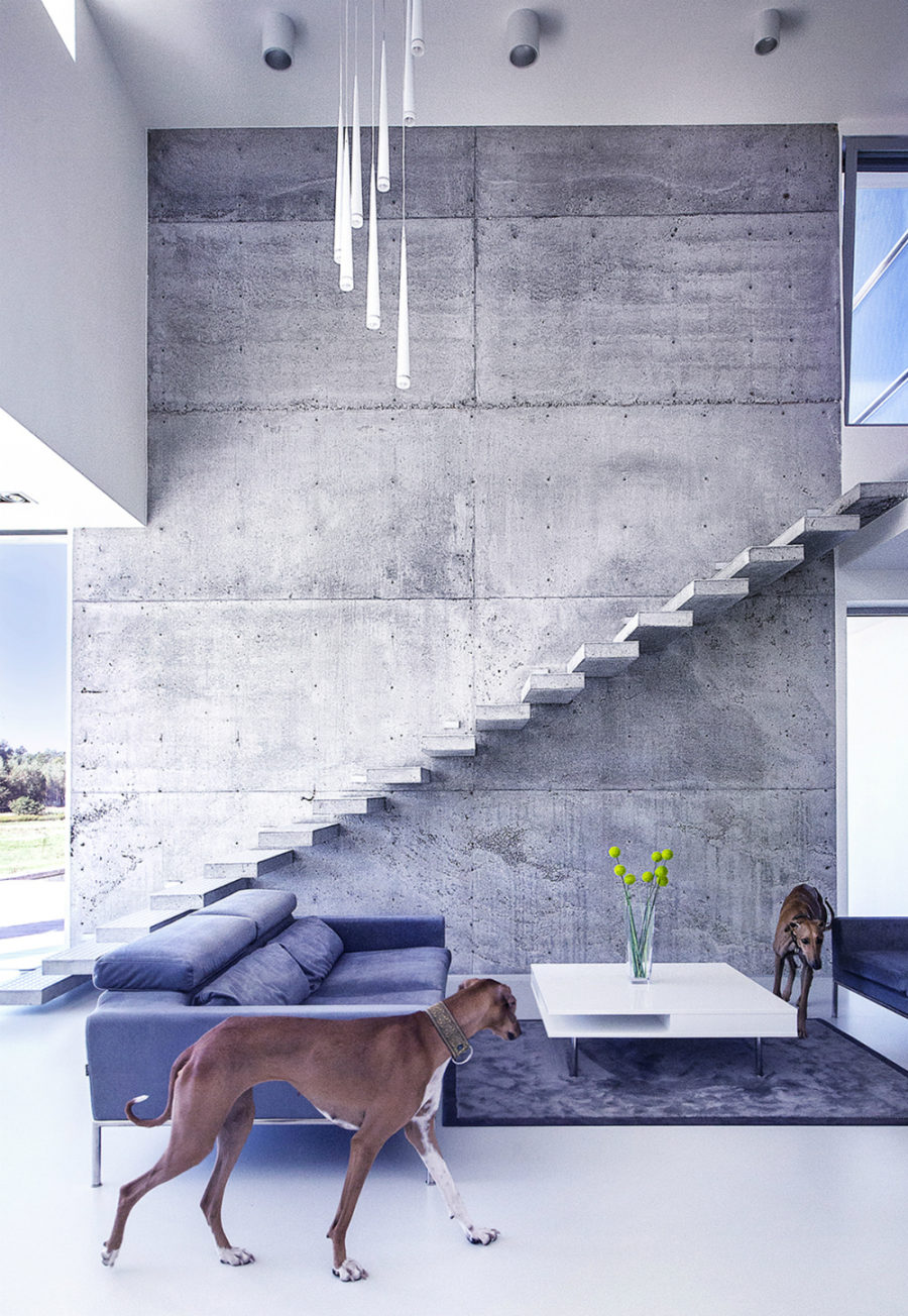 Living area with a floating concrete staircase