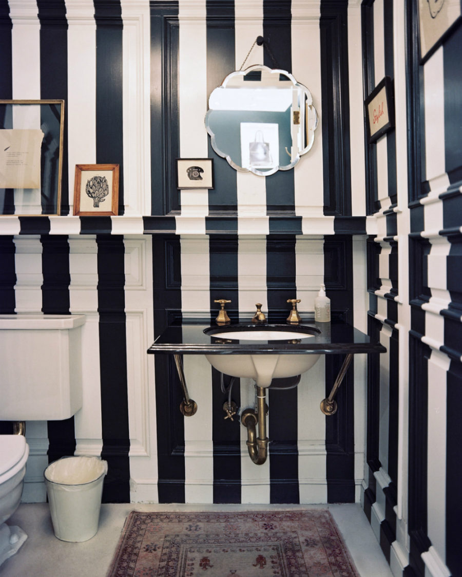 Striped black and white powder room