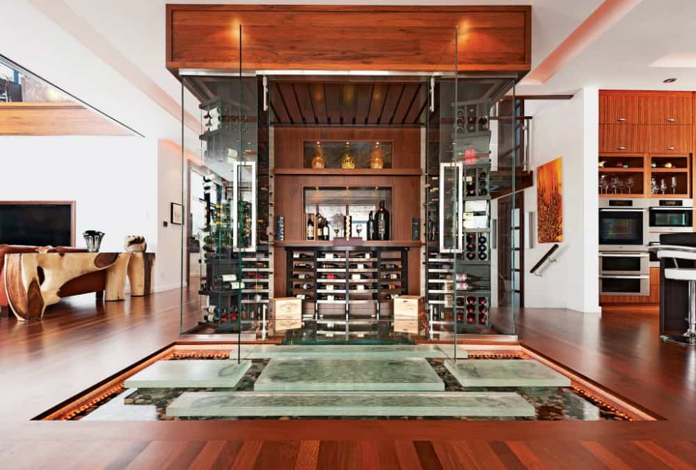 Wooden wine cellar enclosed in glass