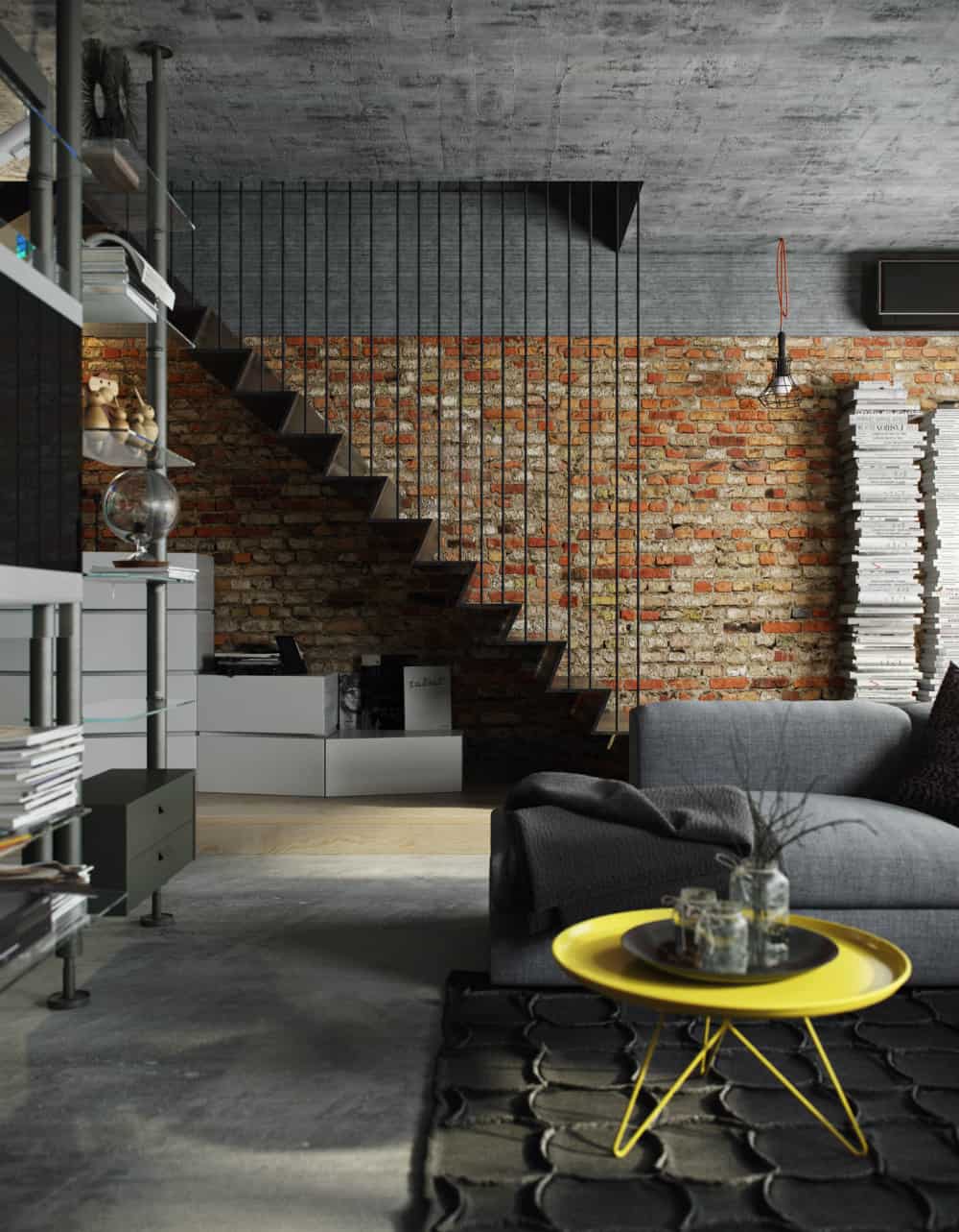 Concrete ceiling and exposed brick wall