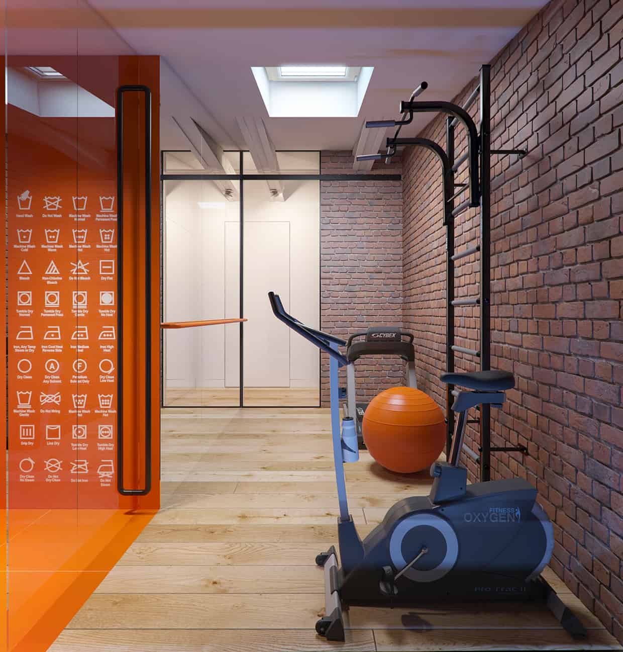 Home gym with exposed brick