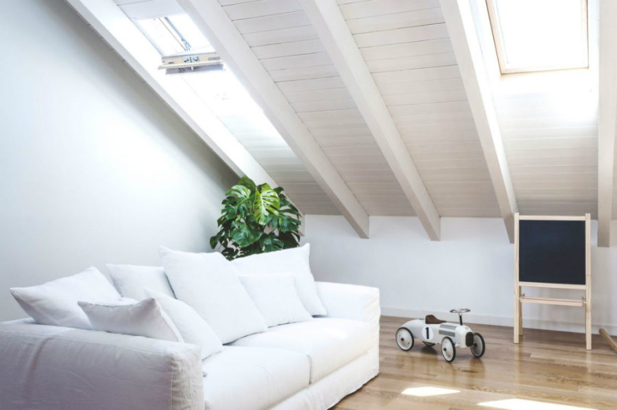 Skylights in a sloping ceiling bring plenty of daylight in