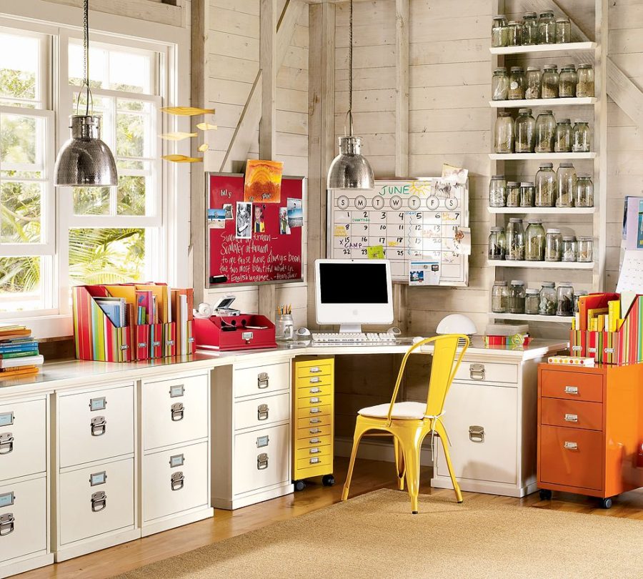 vibrant retro home office storage ideas