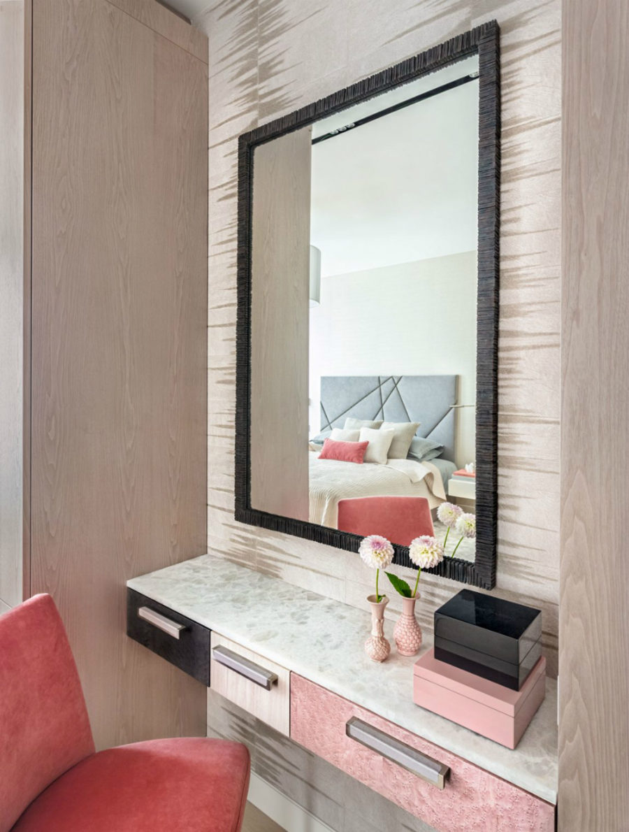 A tricolor vanity fits right in with the bedroom's color scheme
