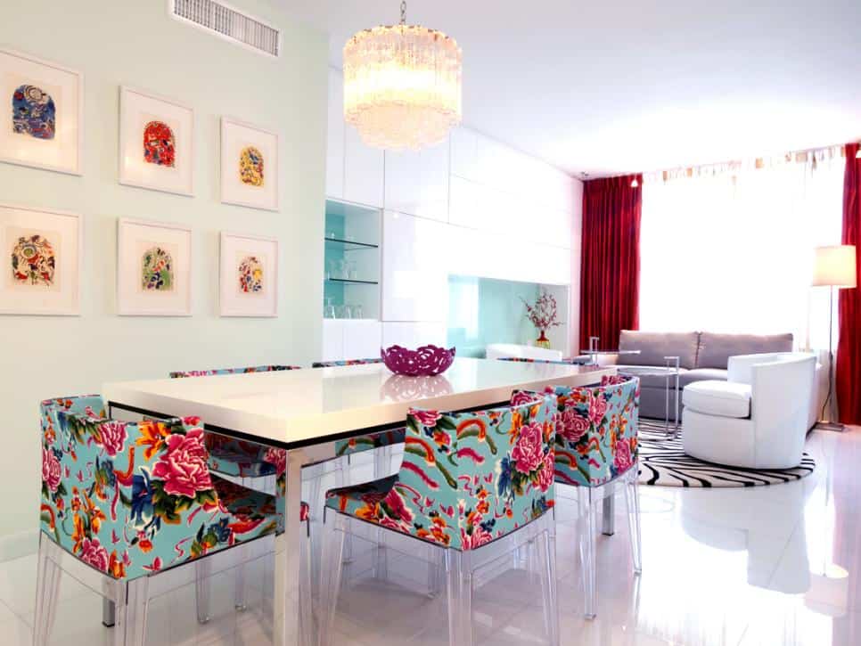 Avram Rusu's white dining room with bright floral chairs