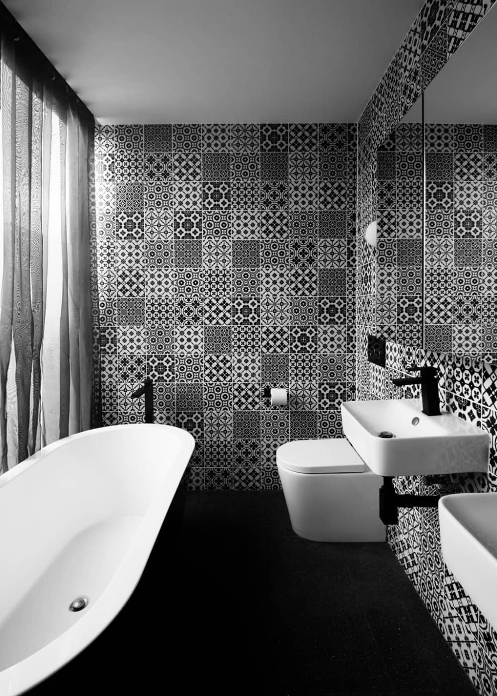 Black and white bathroom full of patterns