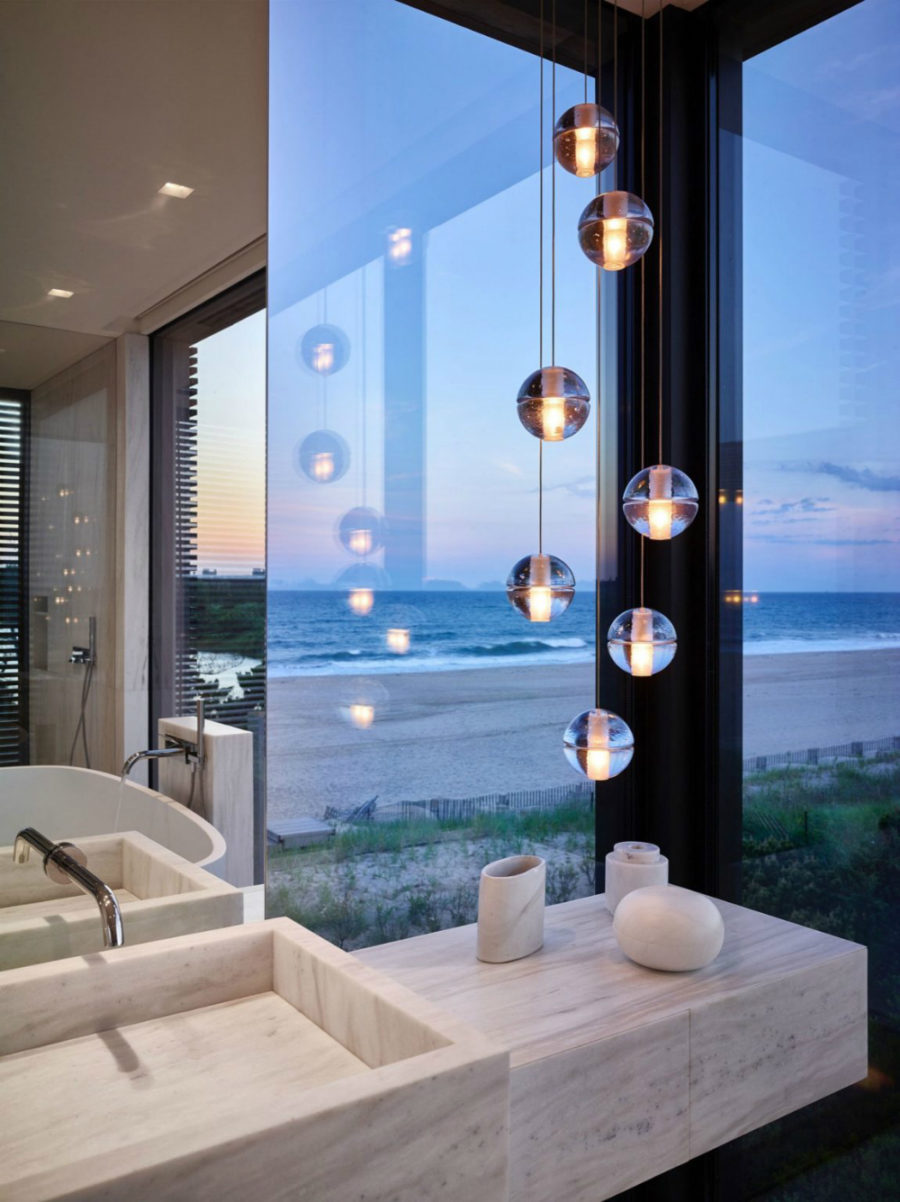 Clustered pendants add a luxury touch to the bathroom