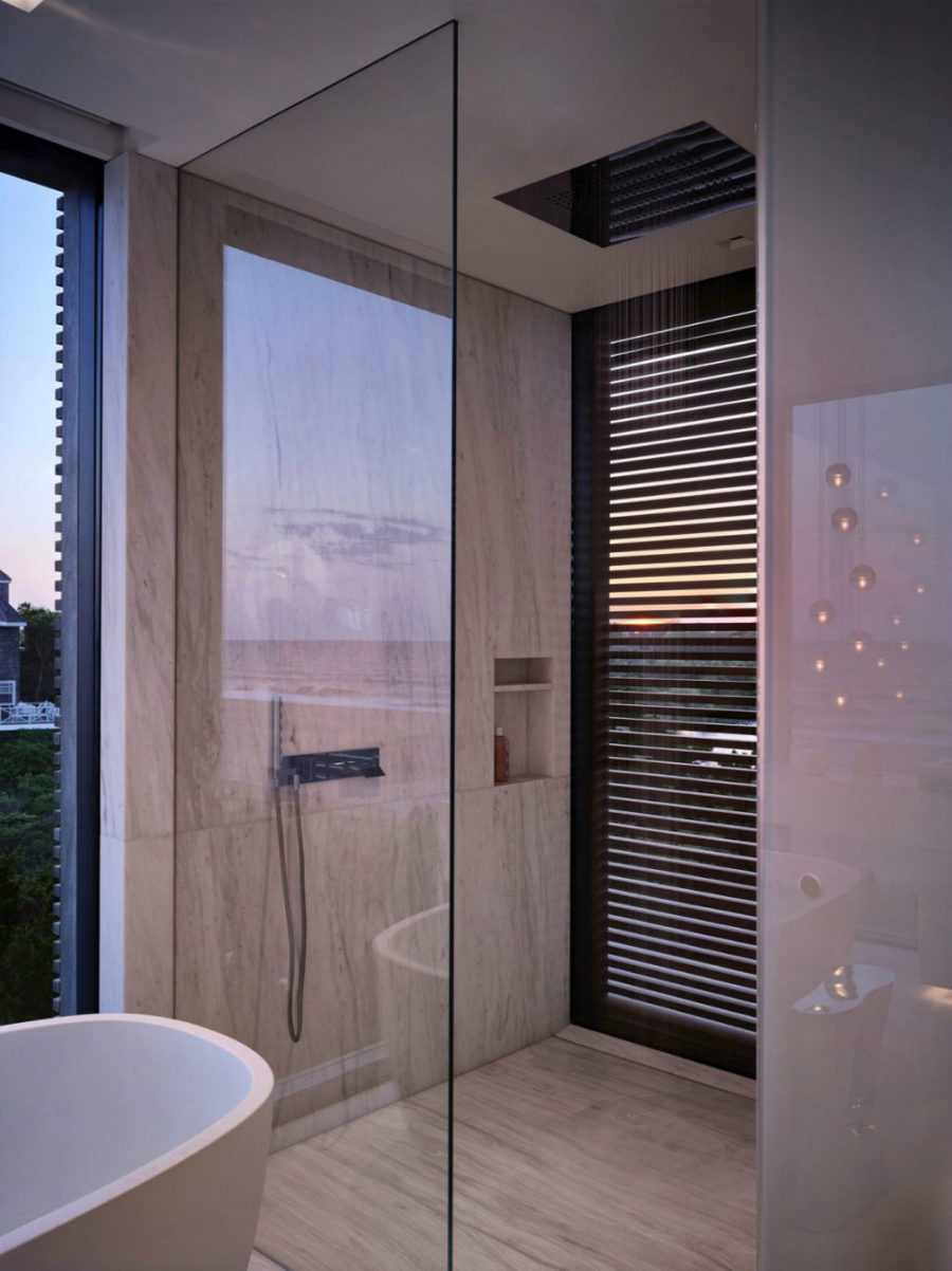 Glass corner shower stall features a screened window