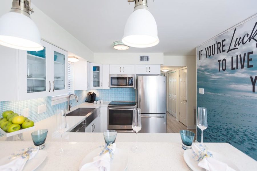 Kitchen with a photographic mural