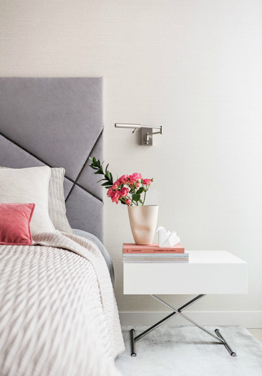 Soft headboard makes for a sophisticated look in the bedroom