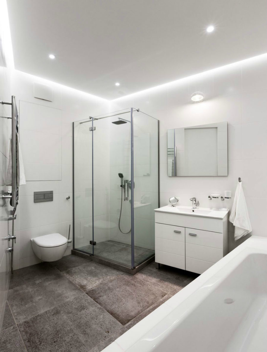 White bathroom looks minimal without tiles