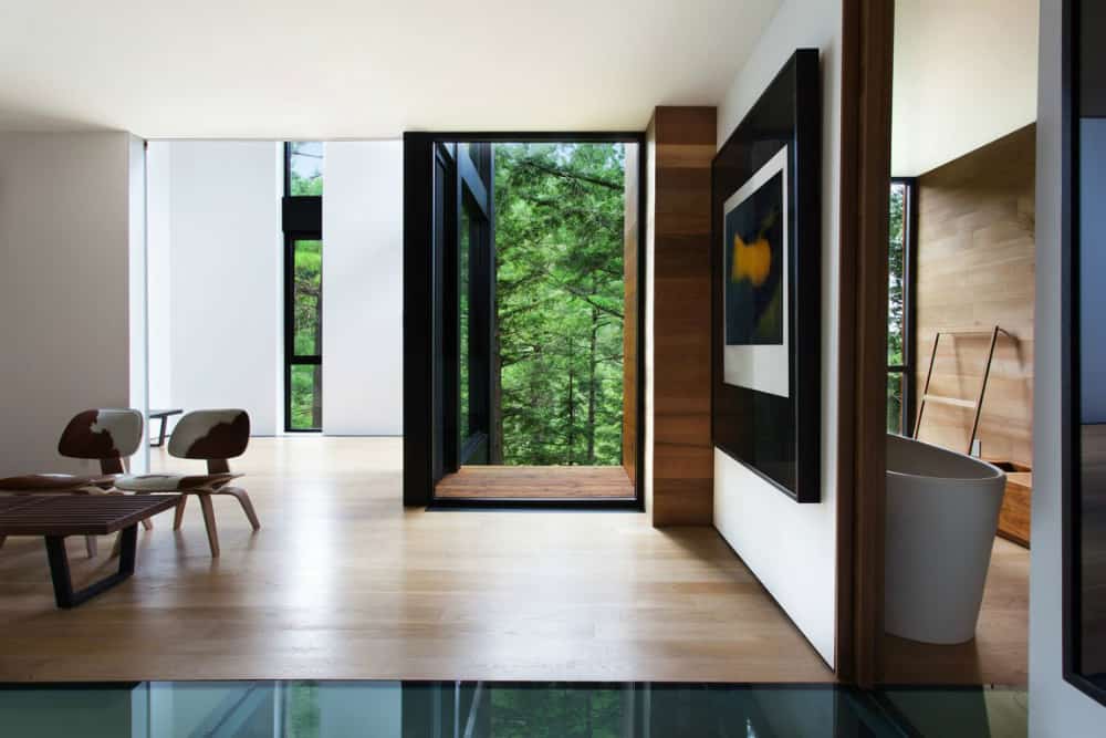 Wood-clad interiors come with modernist furnishings