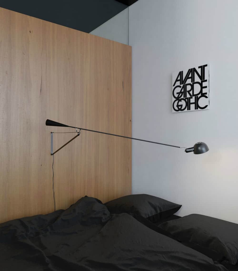 A retractable reading lamp provides lighting in the bedroom