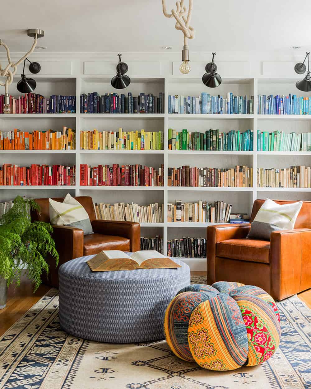Modern colorful library by Hudson Interior Design