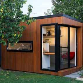 Contemporary Wood Shed With Black window Frames 285x285 The She Shed: Modern Styles for Your Backyard