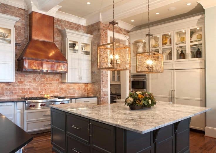 Copper kitchen accents and brick