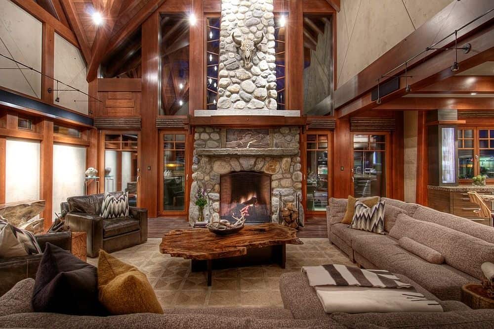 Large-rustic-living-room-with-comfy-decor-and-natural-edge-coffee-table