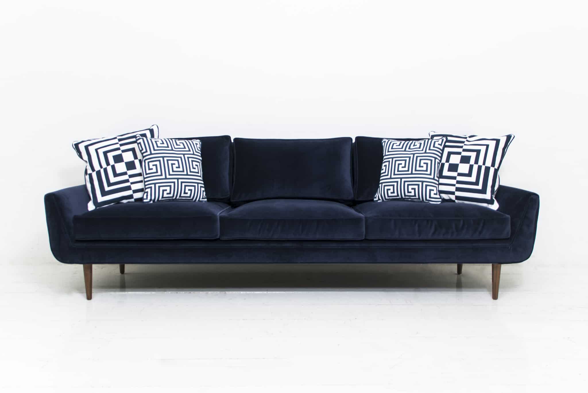 dark blue midcentury modern sofa