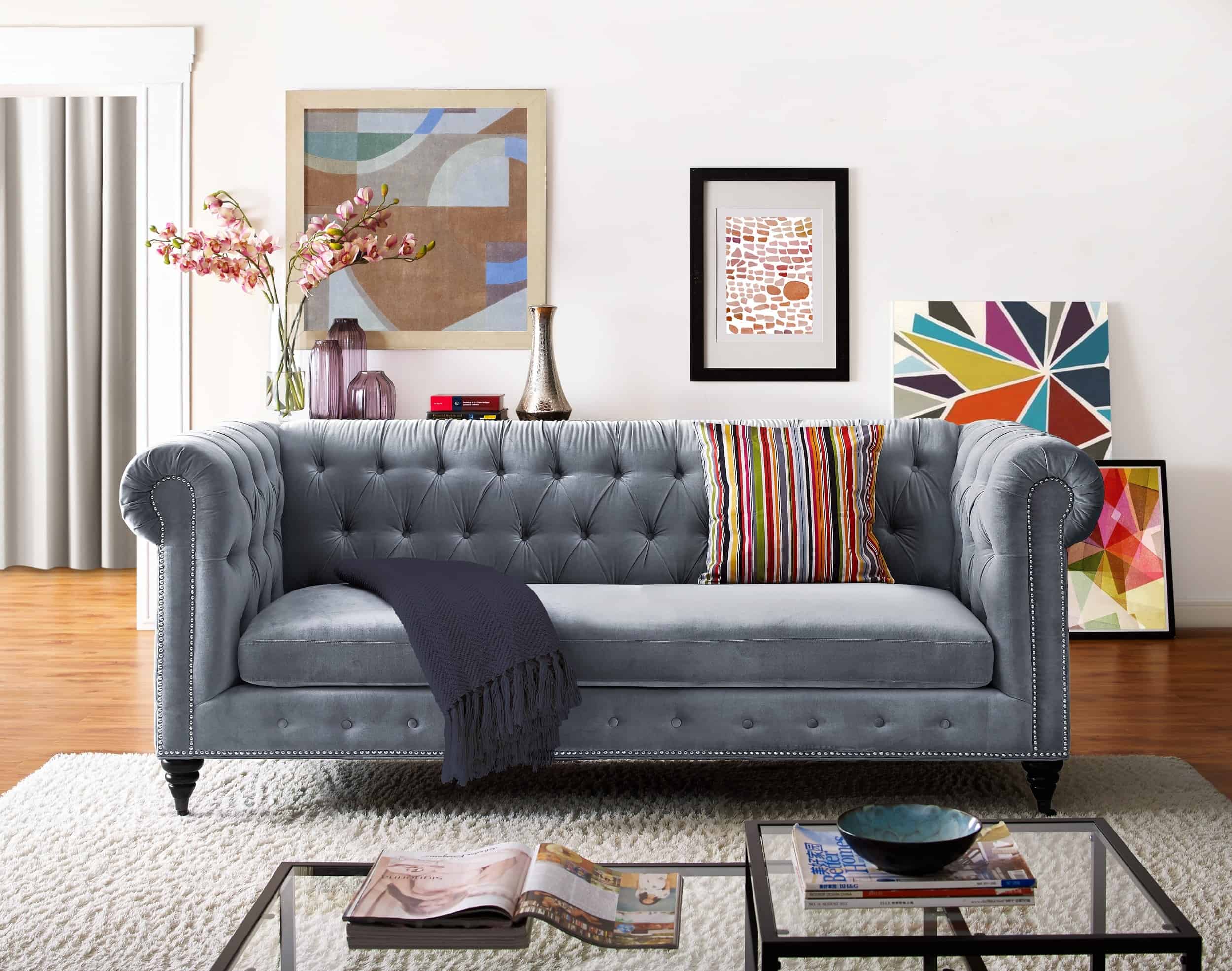 gray tufted with hardware velvet sofa