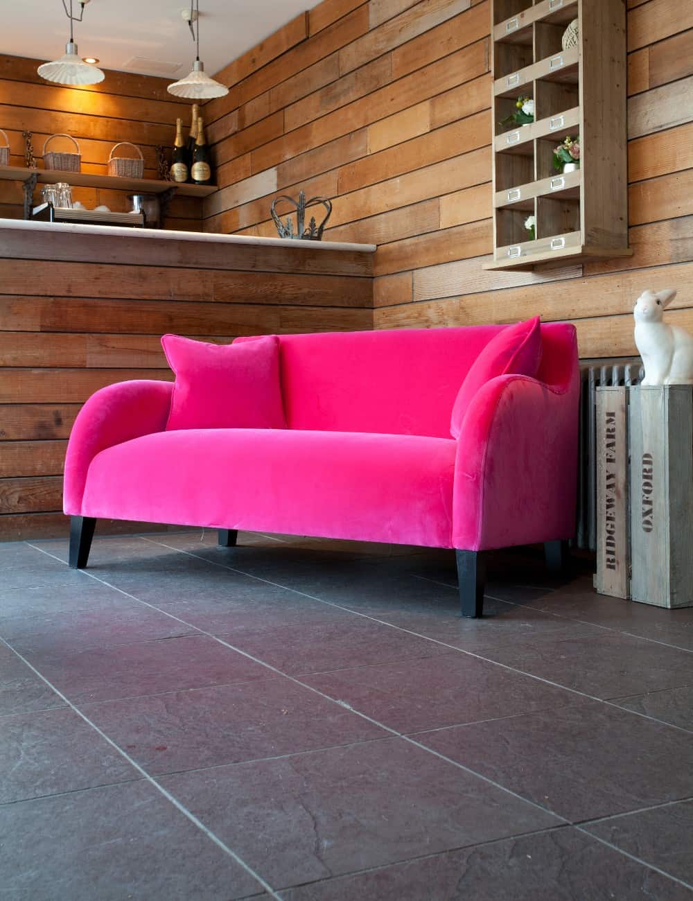 hot pink velvet sofa
