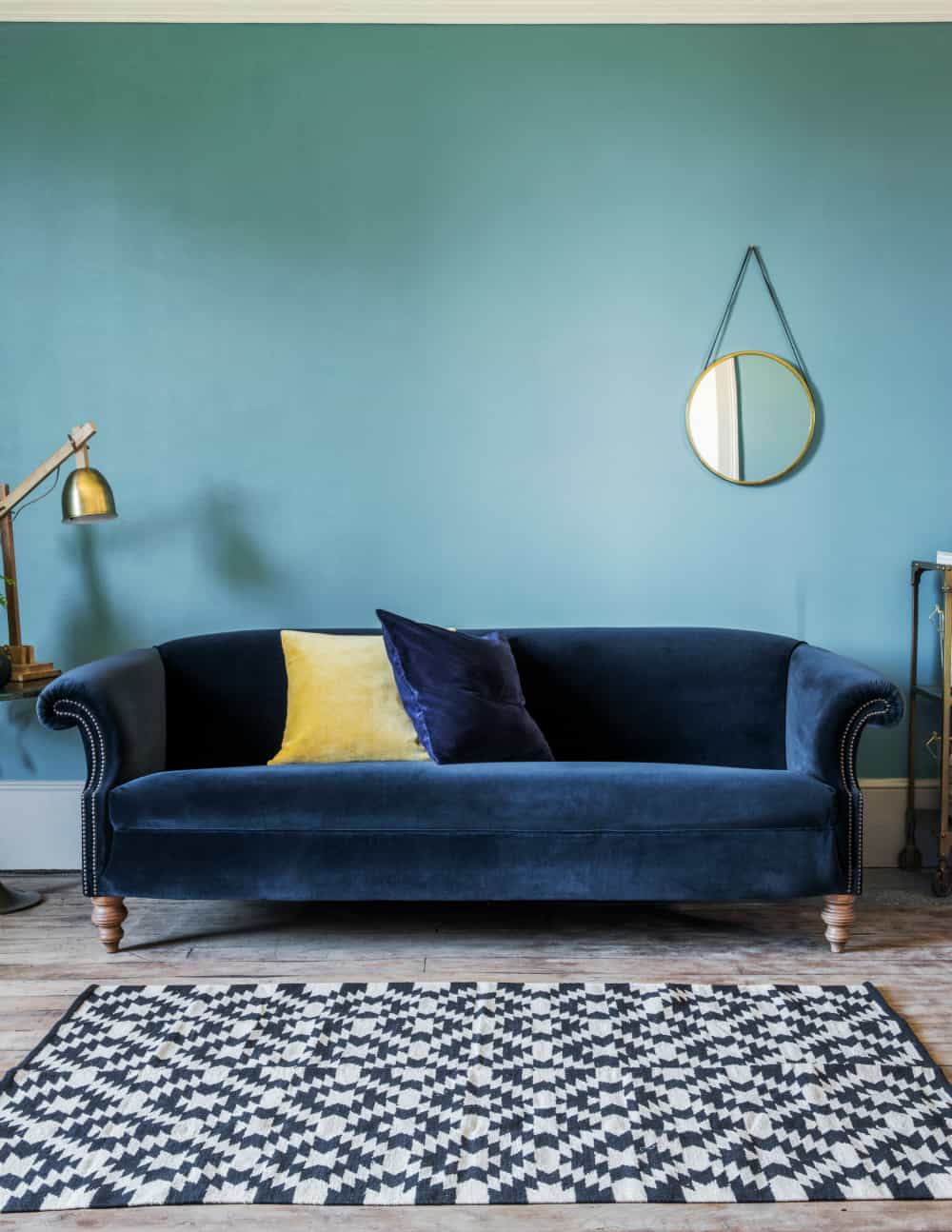 sapphire blue velvey sofa