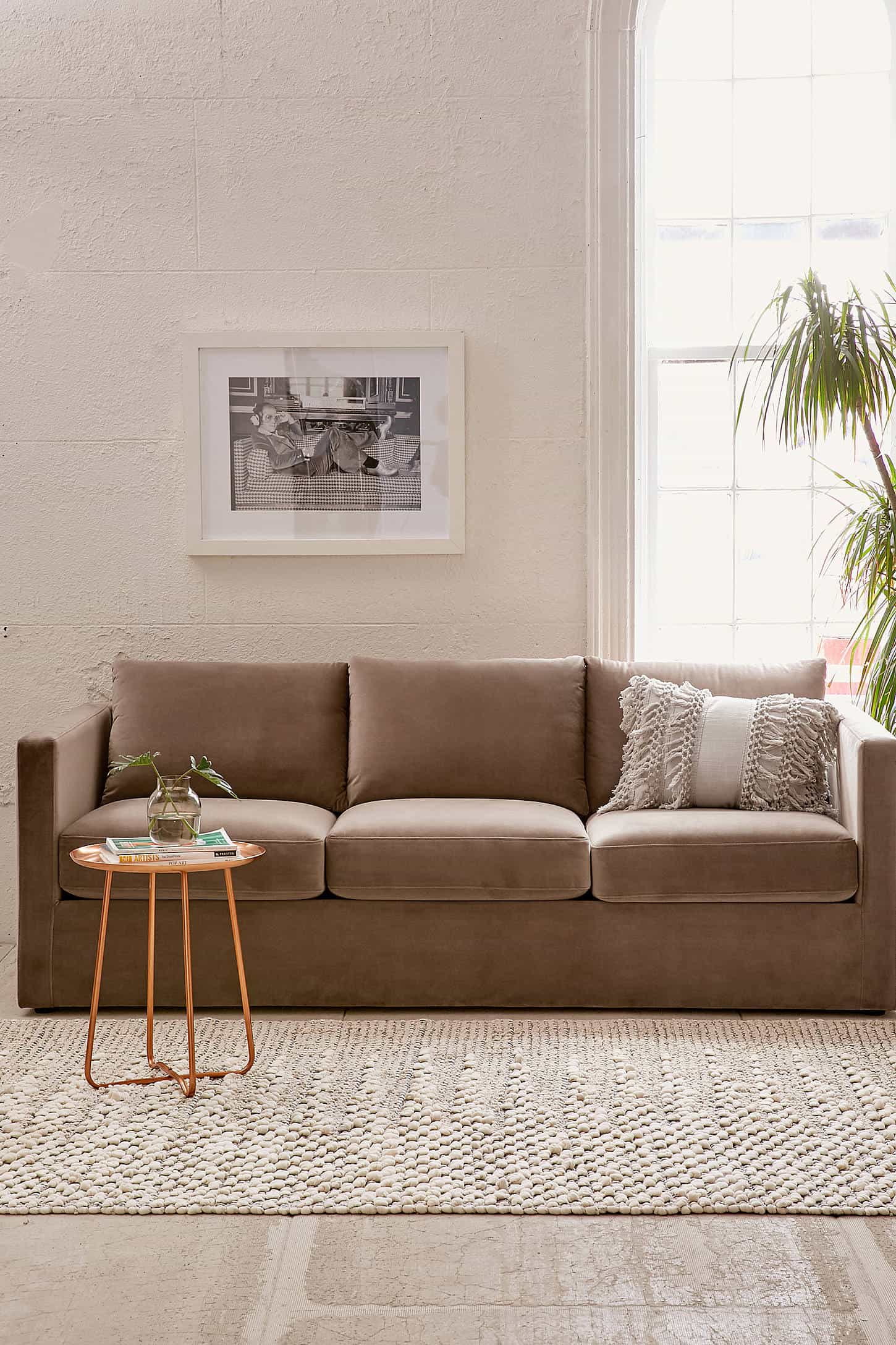 taupe velvet modern sofa