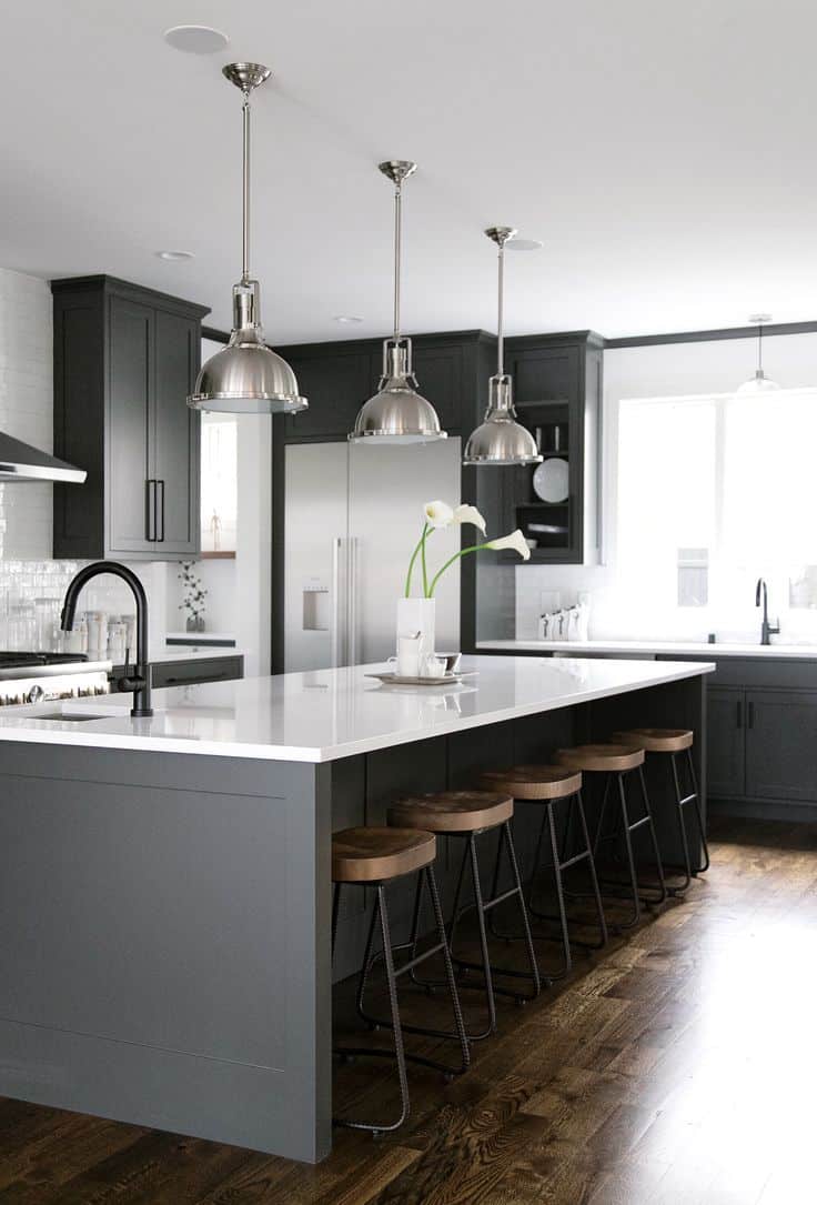 black white grey wood kitchen with island