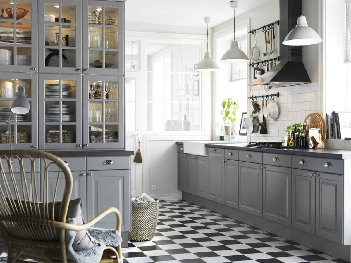 decoration-ideas-kitchen-amazing-ikea-kitchen-with-chess-patterned-floor-and-white-wooden-cabinet-also-simple-hanging-lamp-with-half-circle-shade-wonderful-lighting-ideas-for-ikea-kitchen