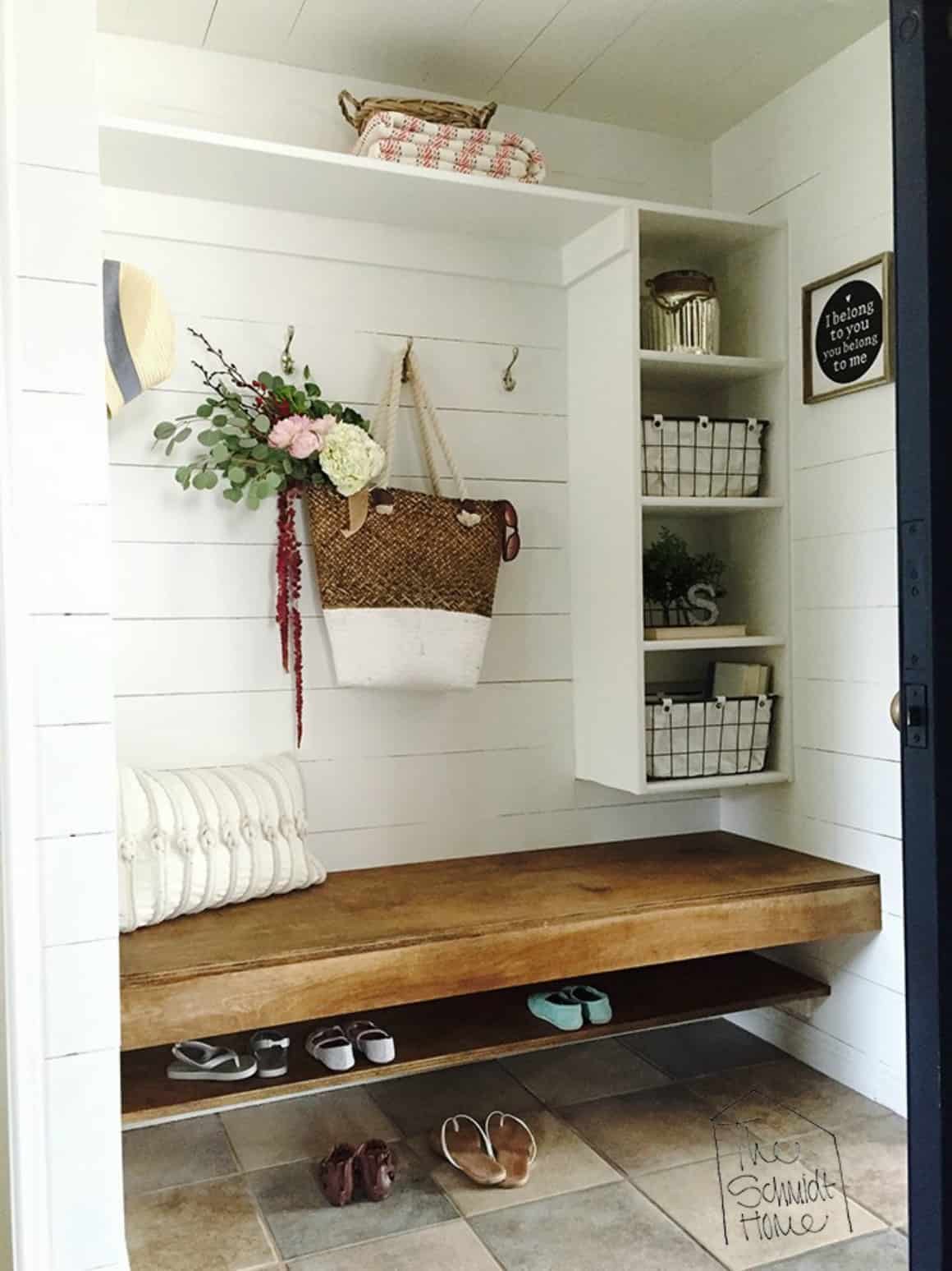 flating wood bench with shoe storage