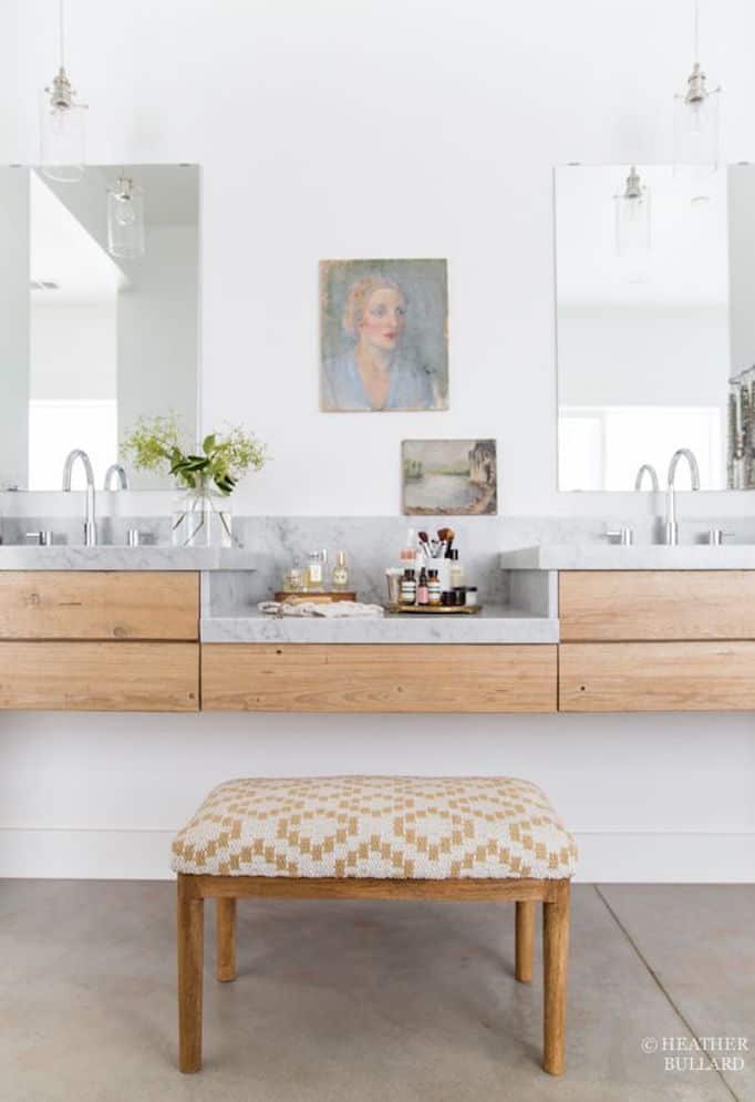 floating natural wood and marble modern bathroom vanity