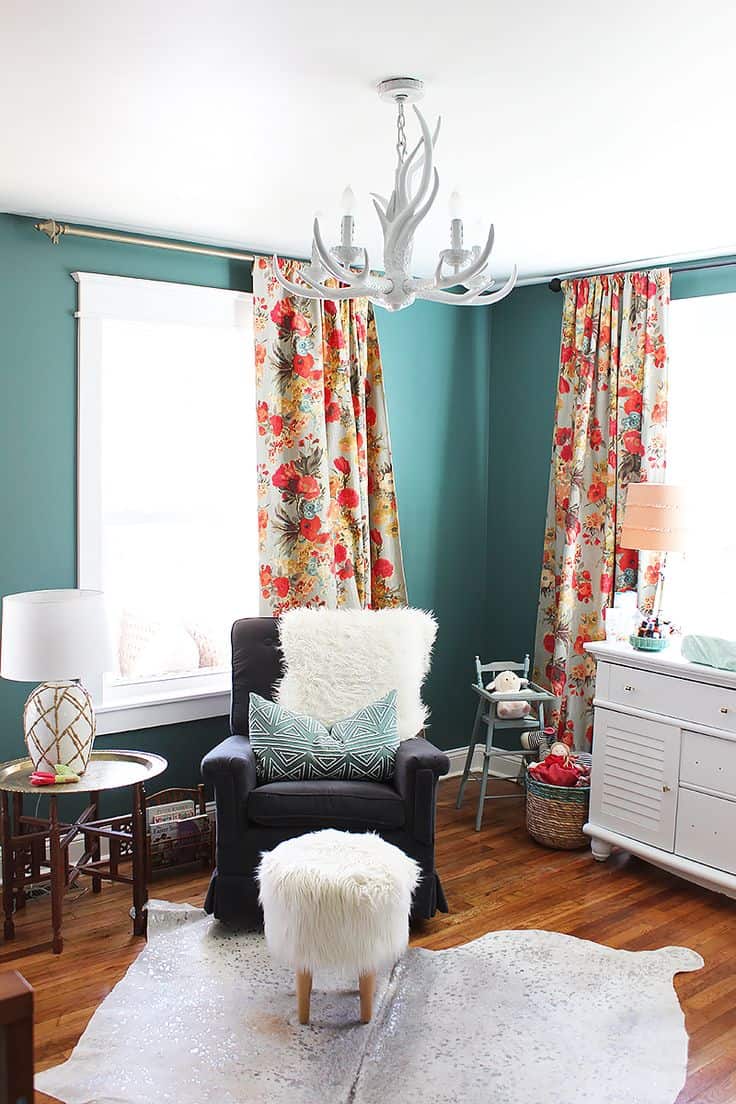 In a neutral color scheme colorful, bold floral pattern curtains can add the perfect addition of color to the space.