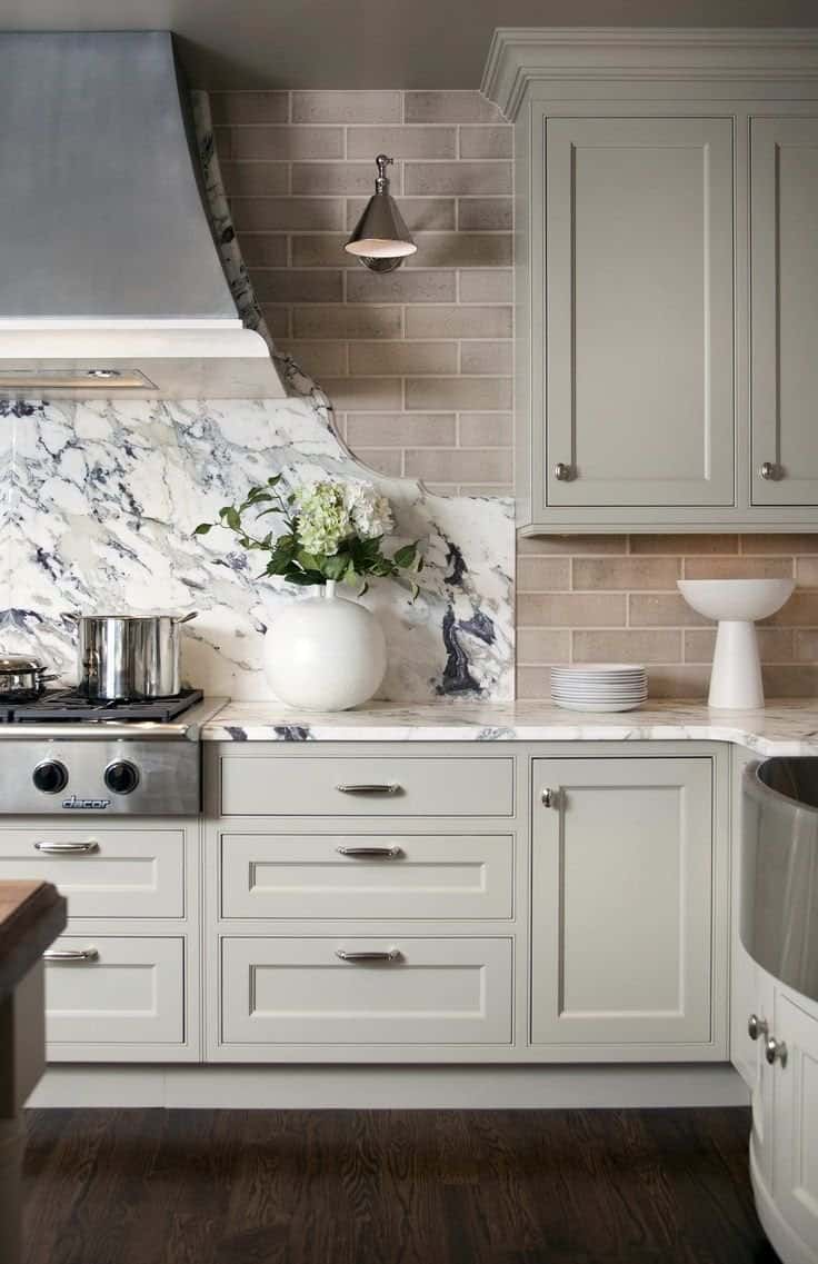 gray and cream with marble kitchen
